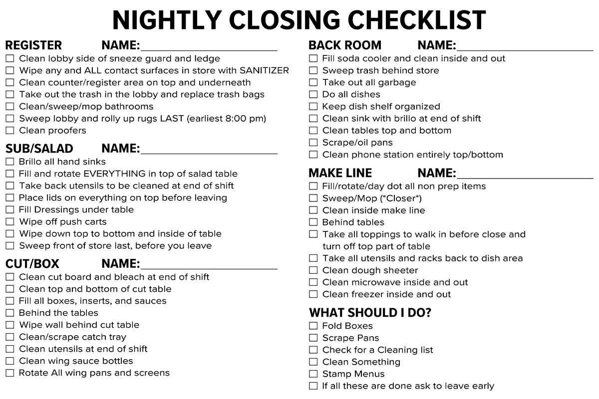 Nightly Closing Checklist for Restaurant