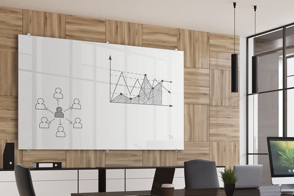 magnetic glass dry erase board in an office conference room